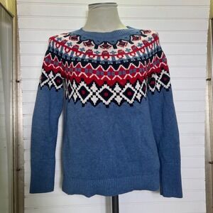 Chaps Fair Isle Sweater Womens Small Blue Red White Crew Neck Knit Pullover